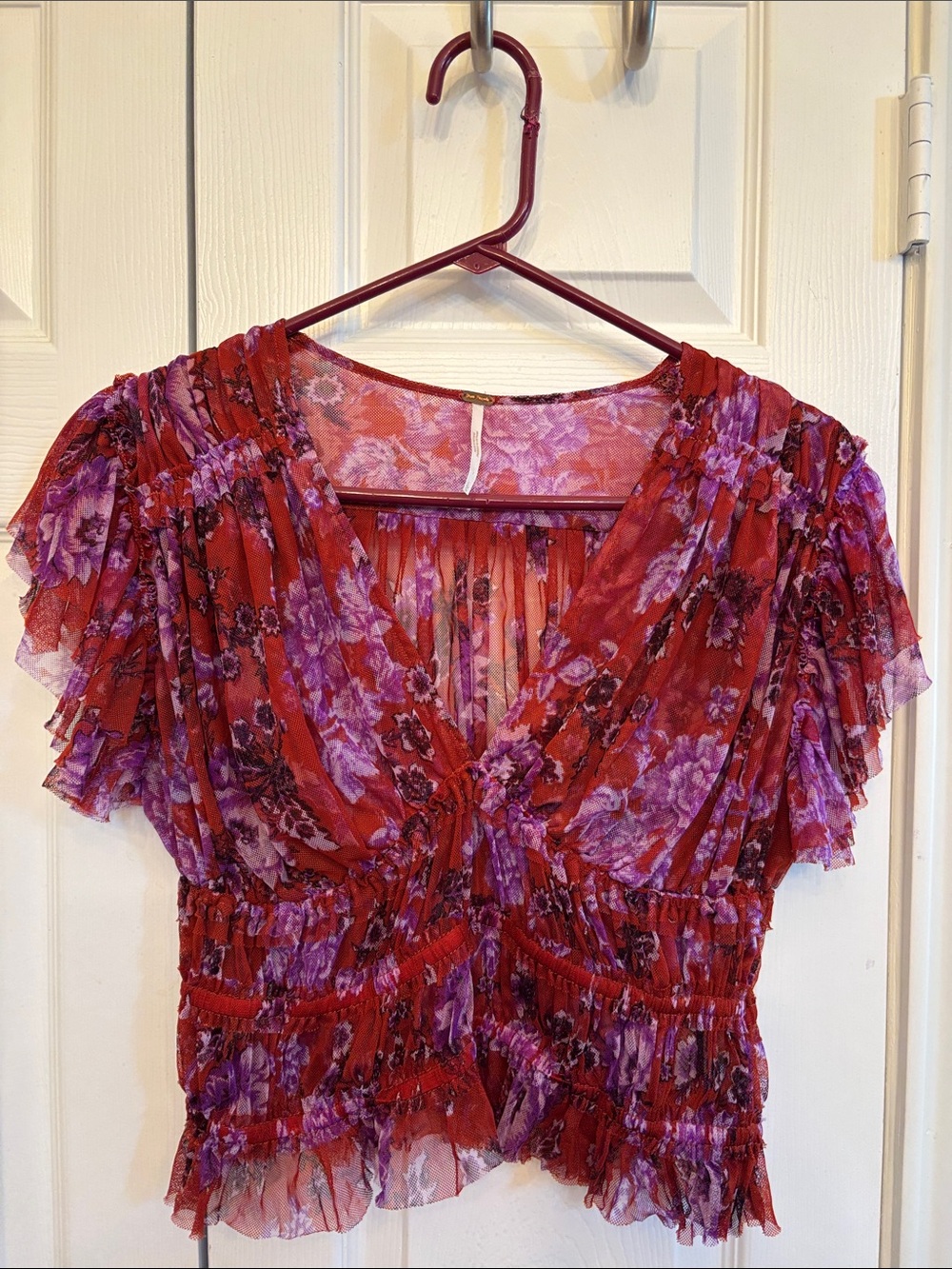 Free People Red & Purple Floral Ruffle V-Neck Blouse